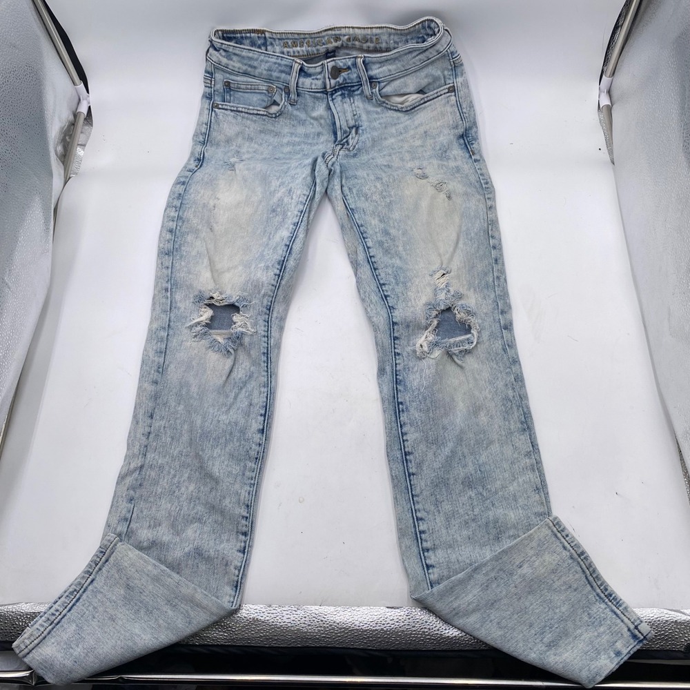 American Eagle Flex Skinny Jeans Mens 29x32 Light Acid Wash Distressed Ripped